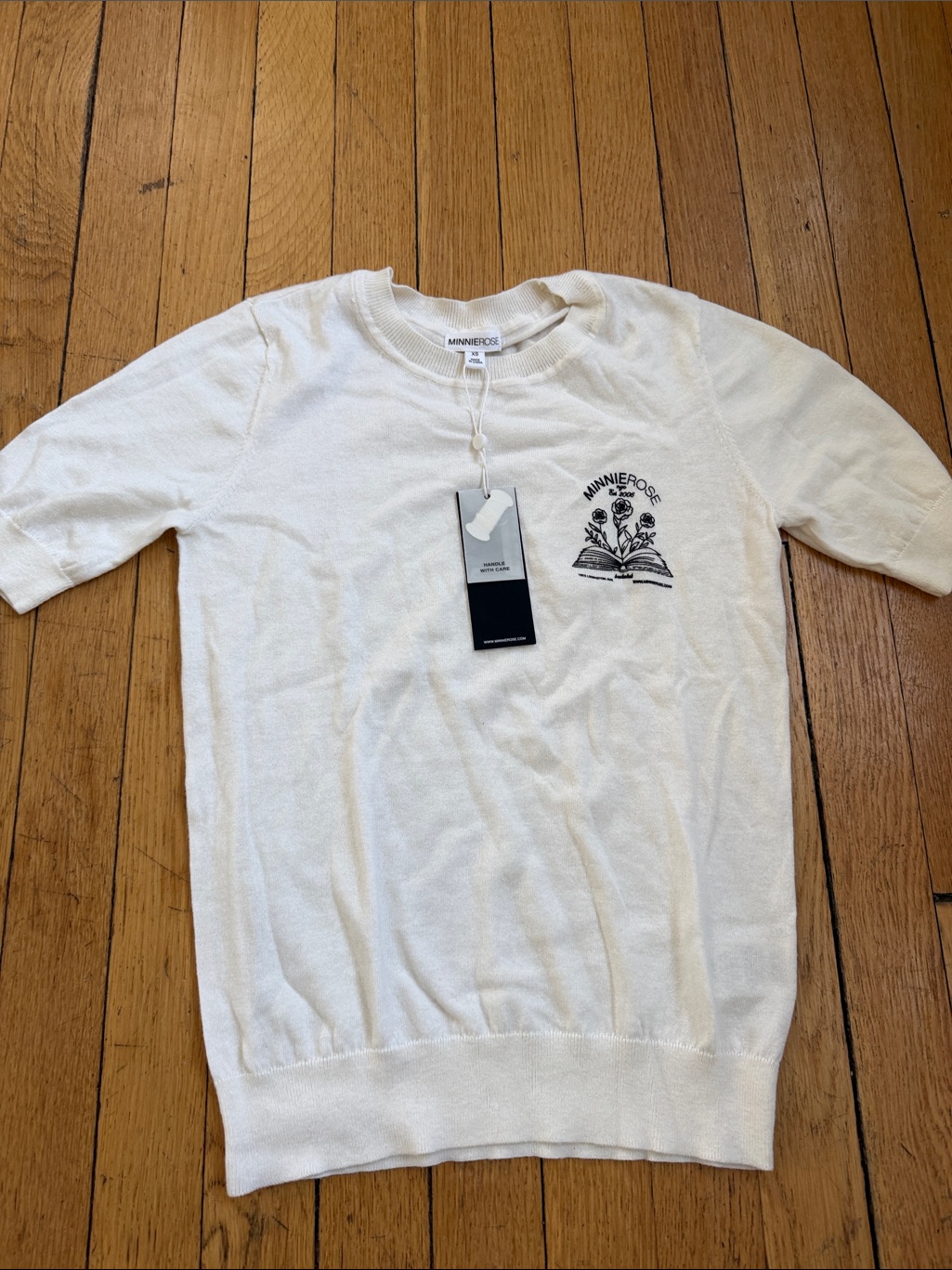 Minnie Rose Cream Crewneck Short-Sleeve Knit With Chest Graphic